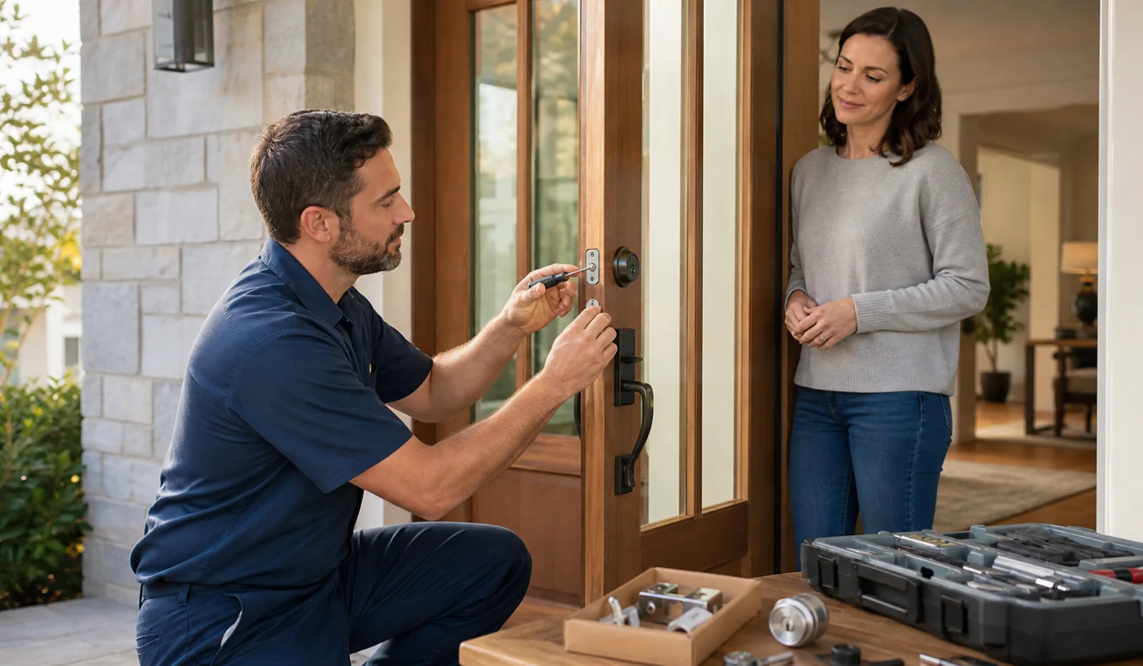Authorized door-hardware professional installing a new residential deadbolt with the homeowner present.