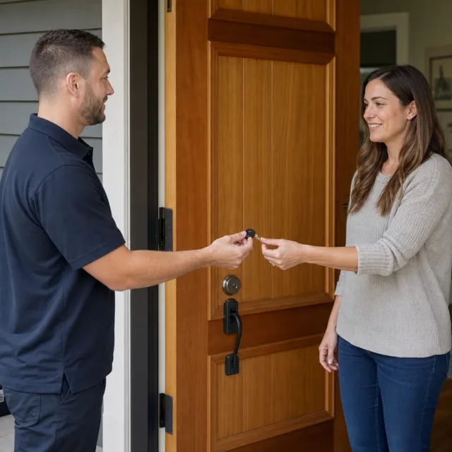 House Lockout Help service photo. Authorized residential locksmith servicing a front-door lock with the homeowner present.