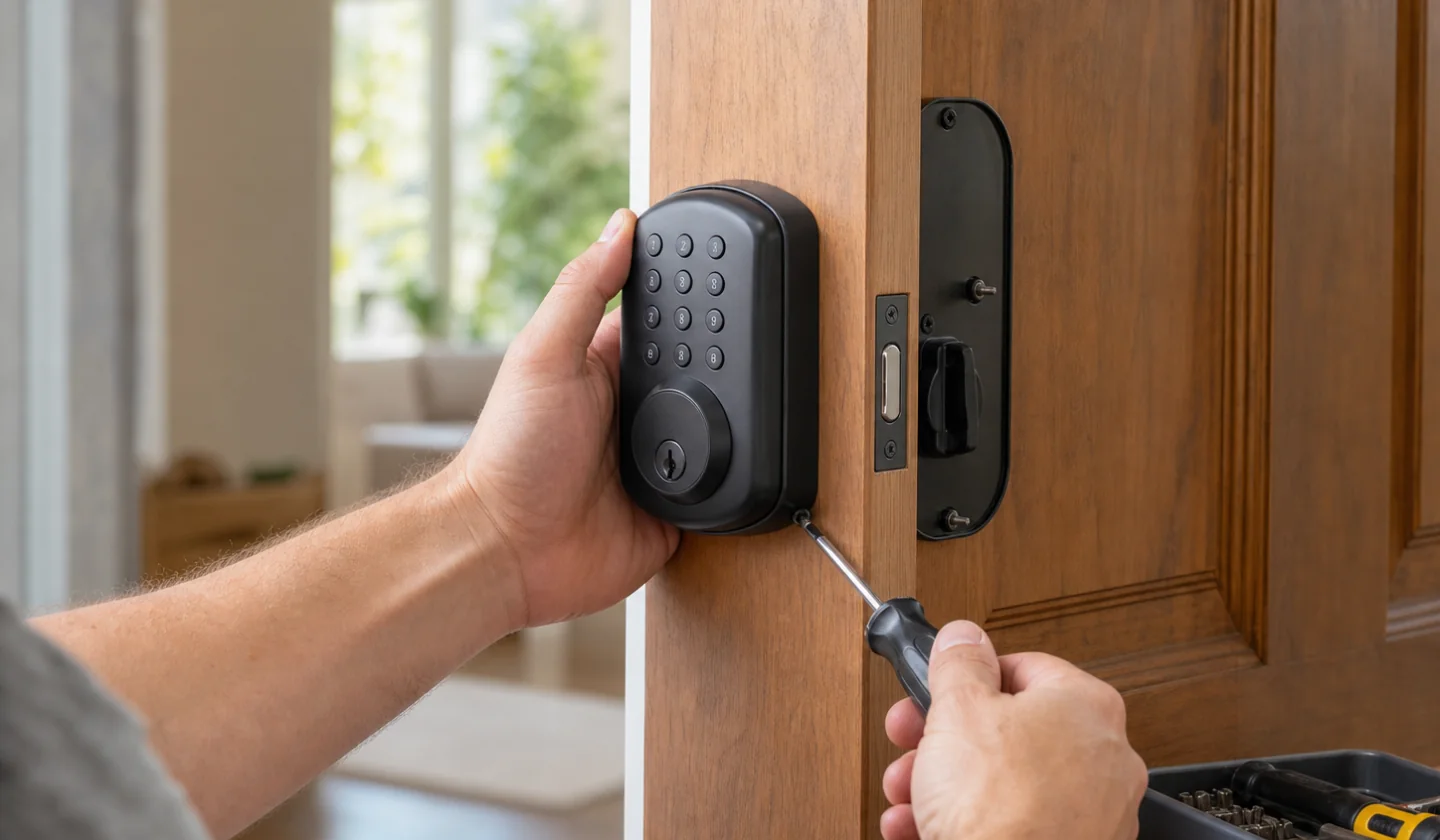 Locksmith service area photo for Birmingham, AL. Door-hardware professional installing a new keypad smart deadbolt on a residential front door.