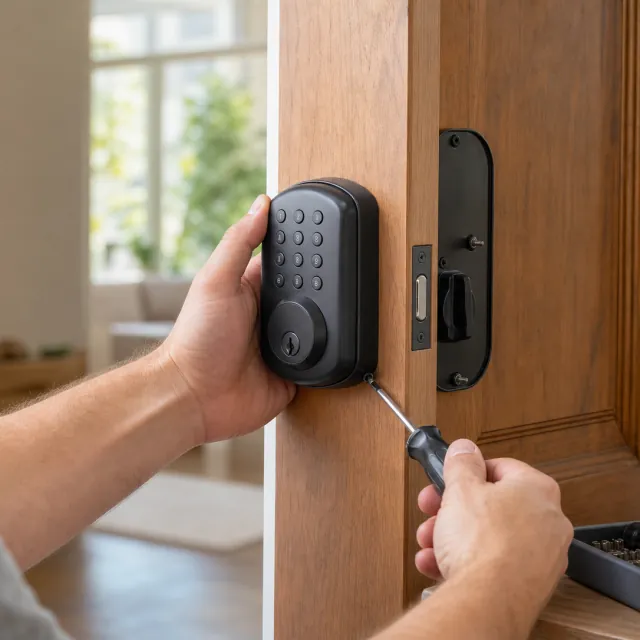 Smart Lock Installation service photo. Door-hardware professional installing a new keypad smart deadbolt on a residential front door.